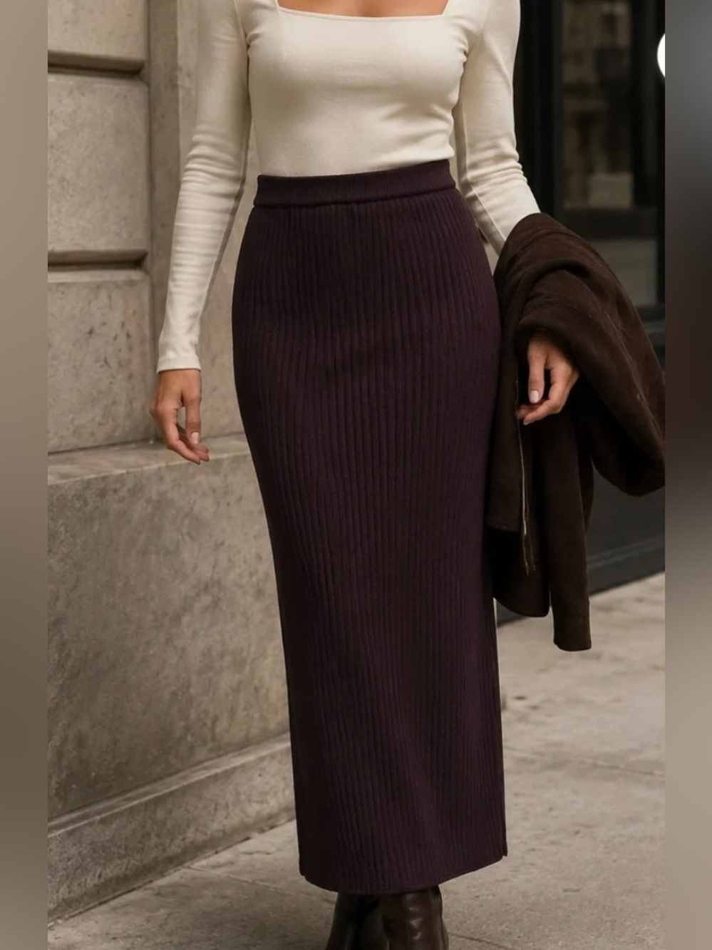 Abercrombie & Fitch 100% Wool Ribbed Knit Midi Skirt